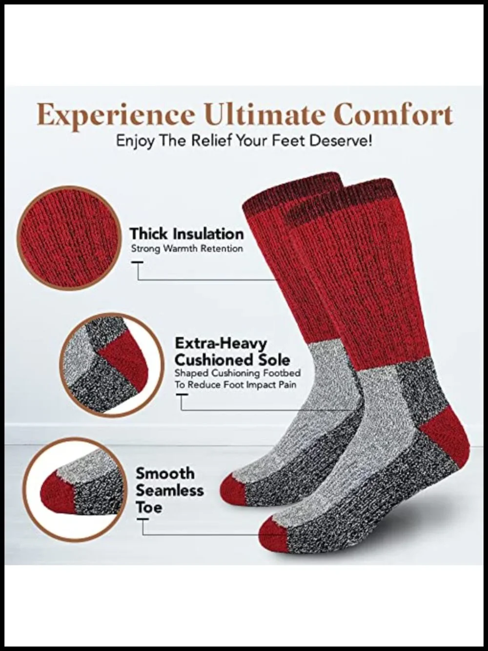 Merino Wool Thermal Socks - Warm Hiking Skiing Hunting Crew Socks 6 Pack